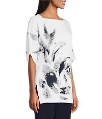 Ming Wang Abstract Print Soft Knit Square Neck Elbow Sleeve Tunic