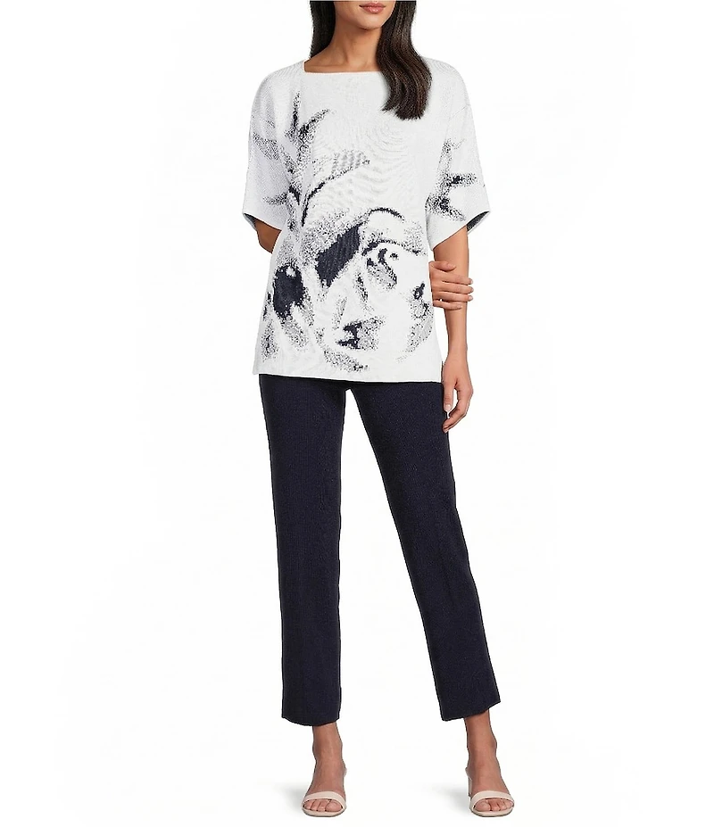 Ming Wang Abstract Print Soft Knit Square Neck Elbow Sleeve Tunic