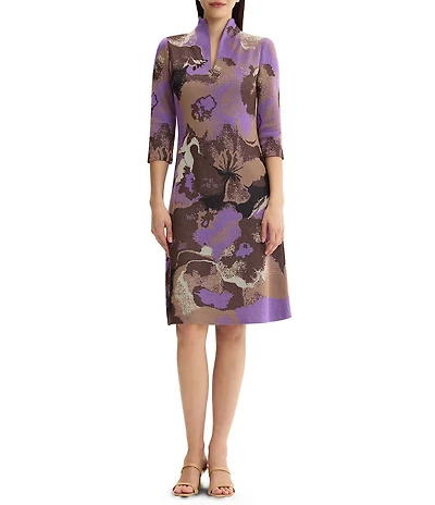 Ming Wang Abstract Split V-Neck Mandarin Collar 3/4 Sleeve Jacquard Knit A-Line Dress