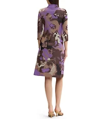 Ming Wang Abstract Split V-Neck Mandarin Collar 3/4 Sleeve Jacquard Knit A-Line Dress