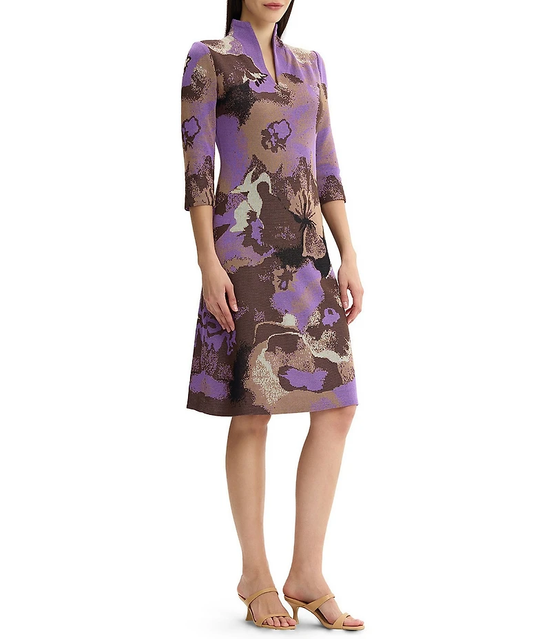 Ming Wang Abstract Split V-Neck Mandarin Collar 3/4 Sleeve Jacquard Knit A-Line Dress