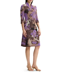 Ming Wang Abstract Split V-Neck Mandarin Collar 3/4 Sleeve Jacquard Knit A-Line Dress