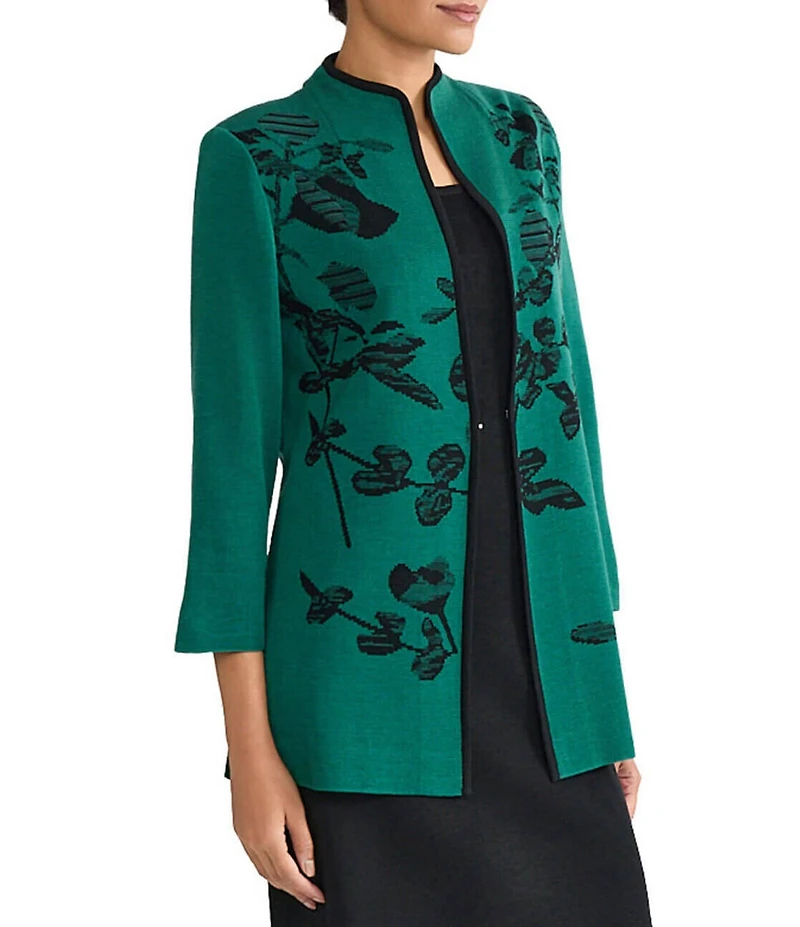 Ming Wang Amica Floral Jacquard Knit Mandarin Collar Bracelet Sleeve Jacket