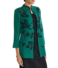 Ming Wang Amica Floral Jacquard Knit Mandarin Collar Bracelet Sleeve Jacket