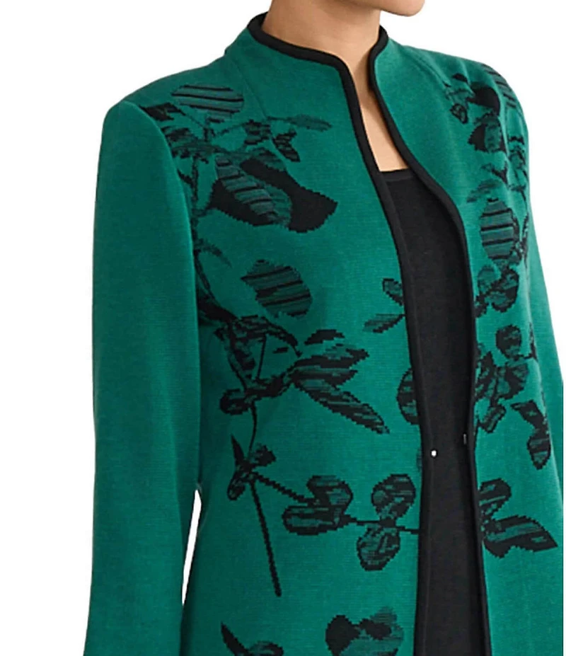Ming Wang Amica Floral Jacquard Knit Mandarin Collar Bracelet Sleeve Jacket