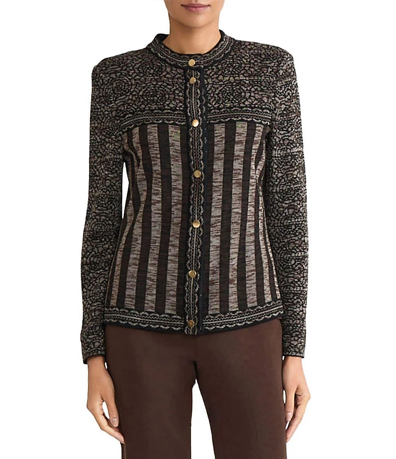 Ming Wang Amica Multi-Stitch Mosaic Knit Round Neck Long Sleeve Jacket