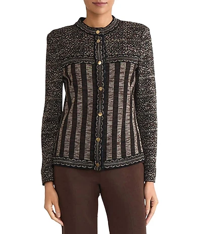 Ming Wang Amica Multi-Stitch Mosaic Knit Round Neck Long Sleeve Jacket