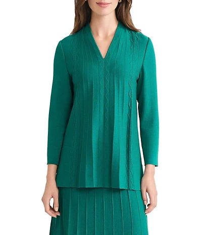 Ming Wang Aria Tonal Multi-Stitch Knit V-Neck Bracelet Sleeve Tunic