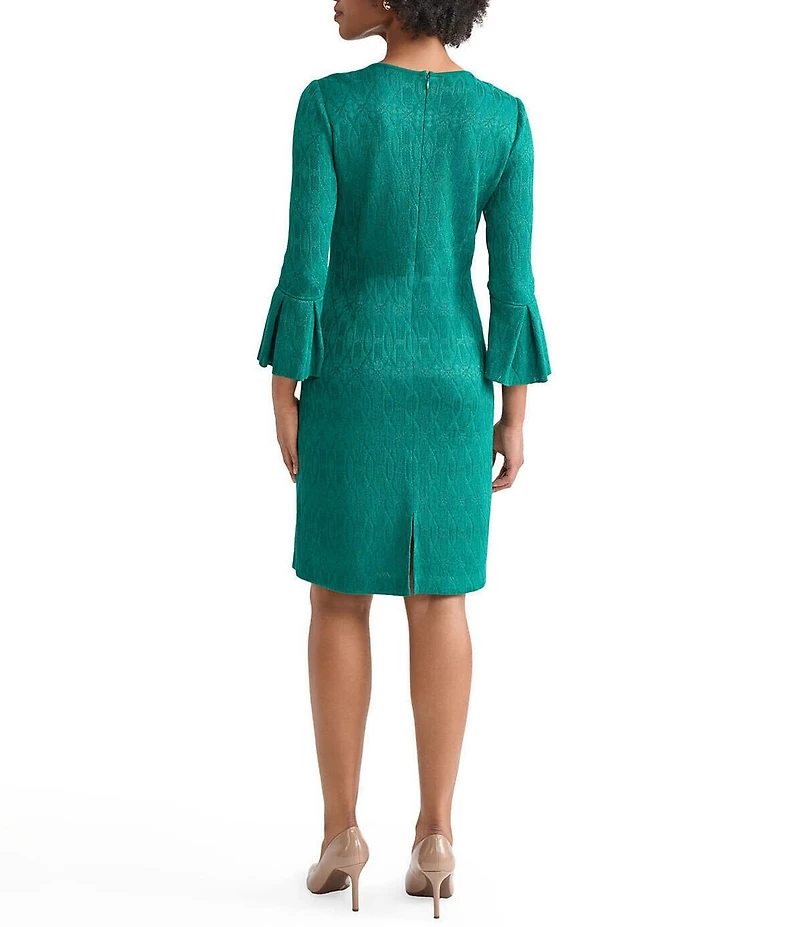 Ming Wang Aria Tonal Multi-Stitch Round Neck 3/4 Flare Sleeve Sheath Dress
