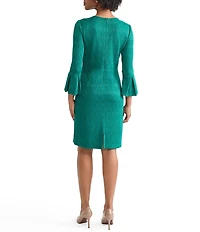 Ming Wang Aria Tonal Multi-Stitch Round Neck 3/4 Flare Sleeve Sheath Dress
