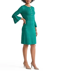 Ming Wang Aria Tonal Multi-Stitch Round Neck 3/4 Flare Sleeve Sheath Dress