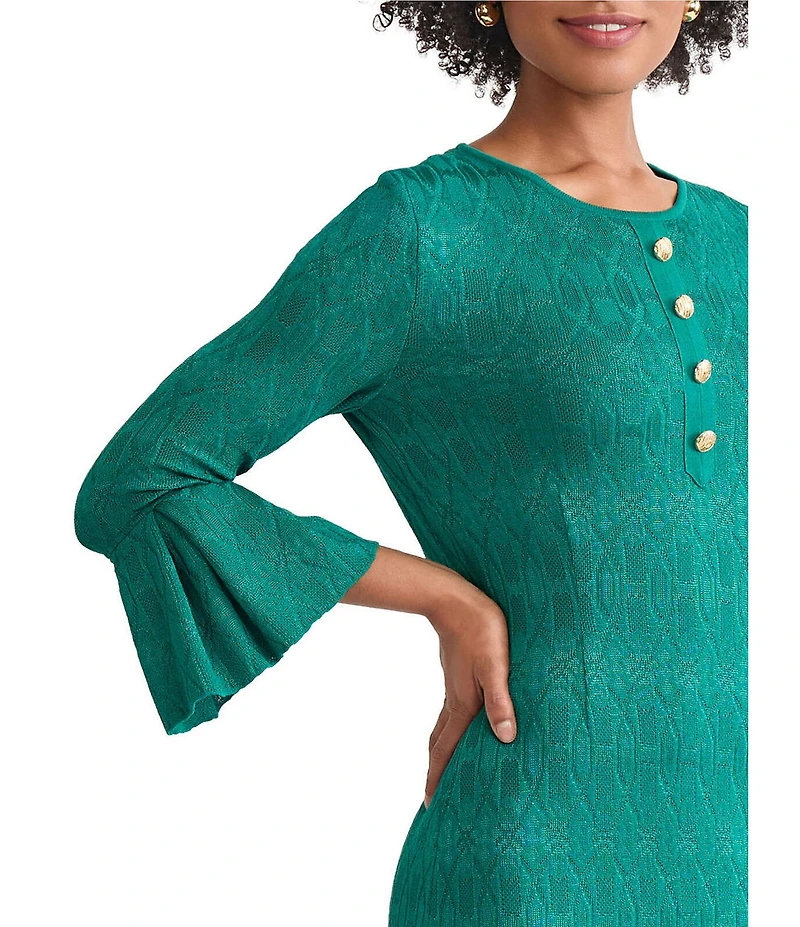 Ming Wang Aria Tonal Multi-Stitch Round Neck 3/4 Flare Sleeve Sheath Dress