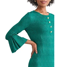 Ming Wang Aria Tonal Multi-Stitch Round Neck 3/4 Flare Sleeve Sheath Dress