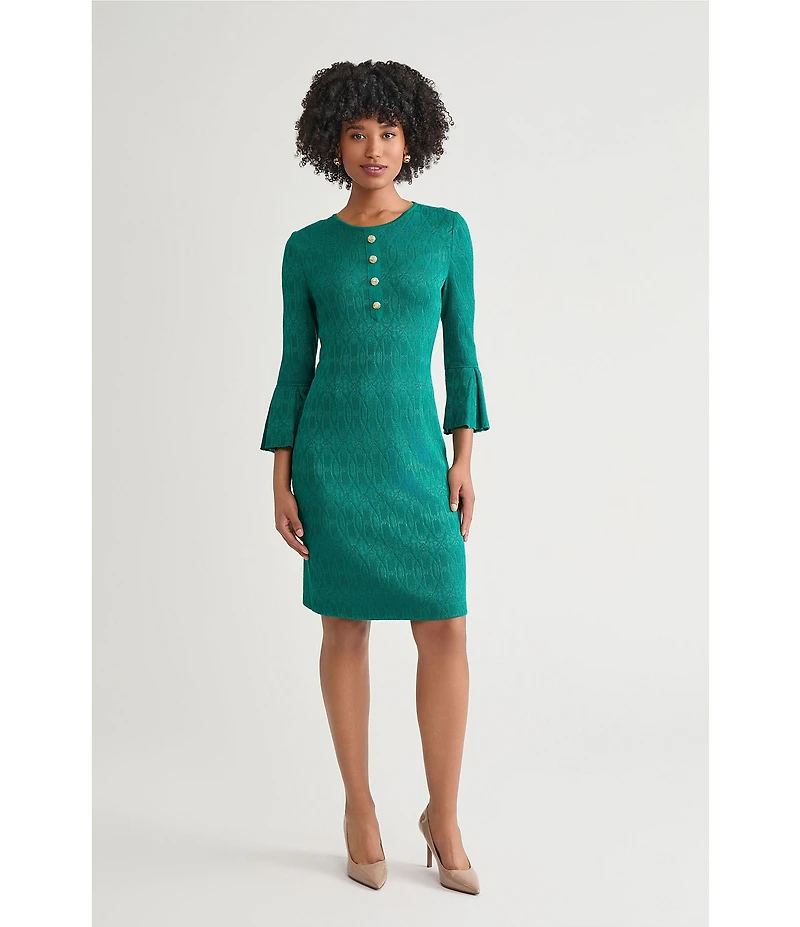 Ming Wang Aria Tonal Multi-Stitch Round Neck 3/4 Flare Sleeve Sheath Dress