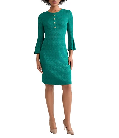 Ming Wang Aria Tonal Multi-Stitch Round Neck 3/4 Flare Sleeve Sheath Dress