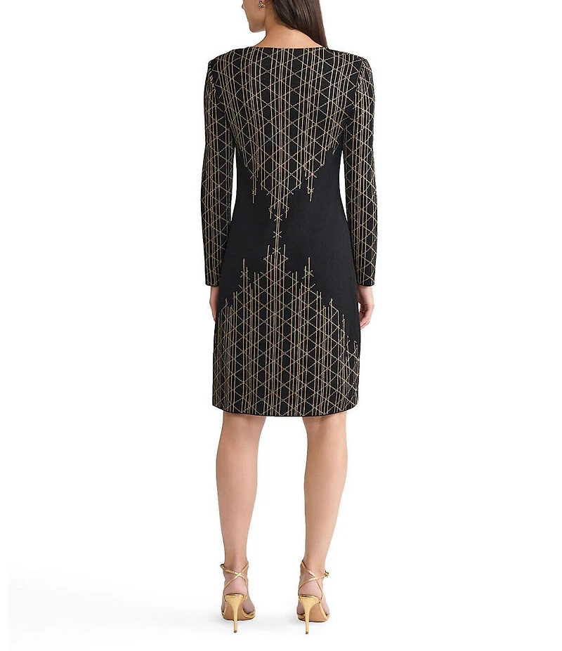 Ming Wang Art Deco Lurex Knit V-Neck Long Sleeve Dress