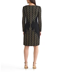 Ming Wang Art Deco Lurex Knit V-Neck Long Sleeve Dress