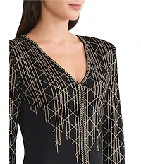 Ming Wang Art Deco Lurex Knit V-Neck Long Sleeve Dress