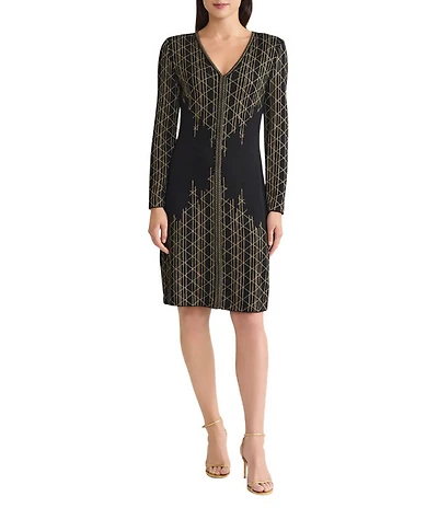 Ming Wang Art Deco Lurex Knit V-Neck Long Sleeve Dress