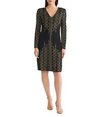 Ming Wang Art Deco Lurex Knit V-Neck Long Sleeve Dress