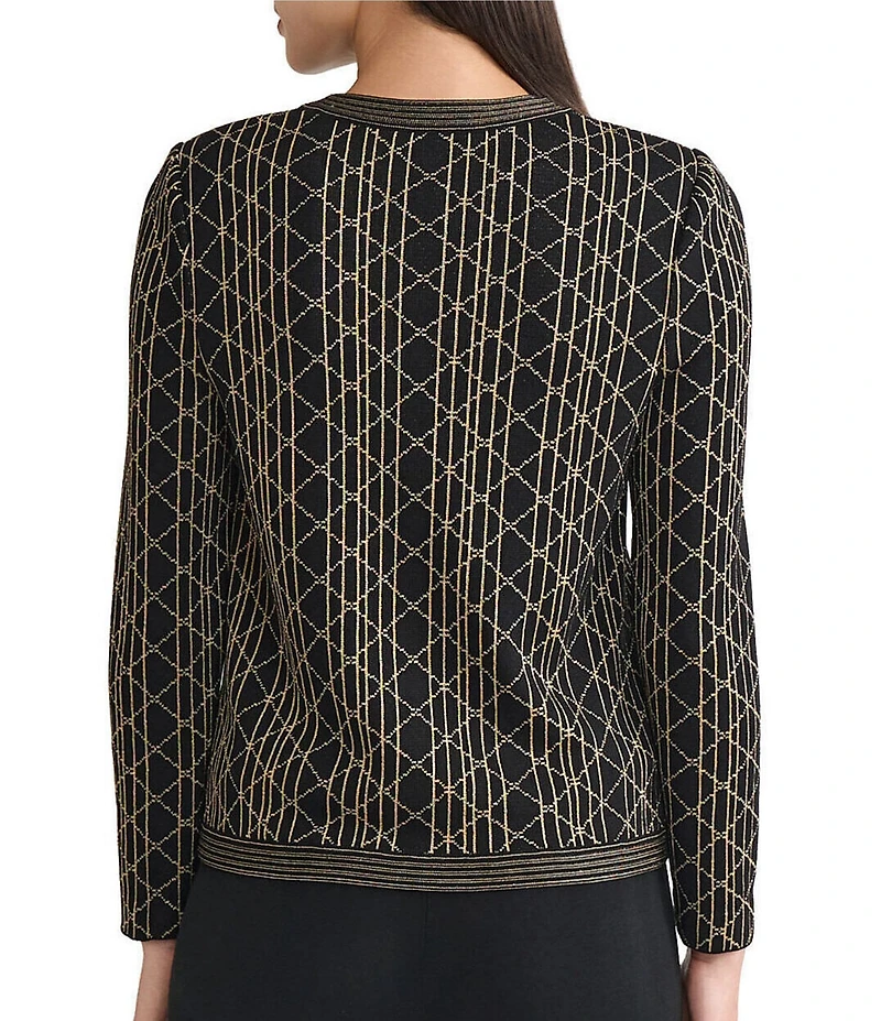 Ming Wang Art Deco Lurex Soft Knit Crew Neck Long Sleeve Cardigan