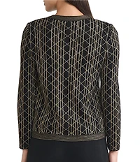 Ming Wang Art Deco Lurex Soft Knit Crew Neck Long Sleeve Cardigan