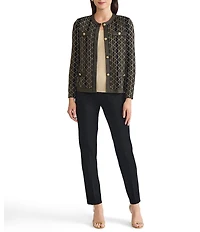 Ming Wang Art Deco Lurex Soft Knit Crew Neck Long Sleeve Cardigan
