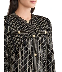 Ming Wang Art Deco Lurex Soft Knit Crew Neck Long Sleeve Cardigan