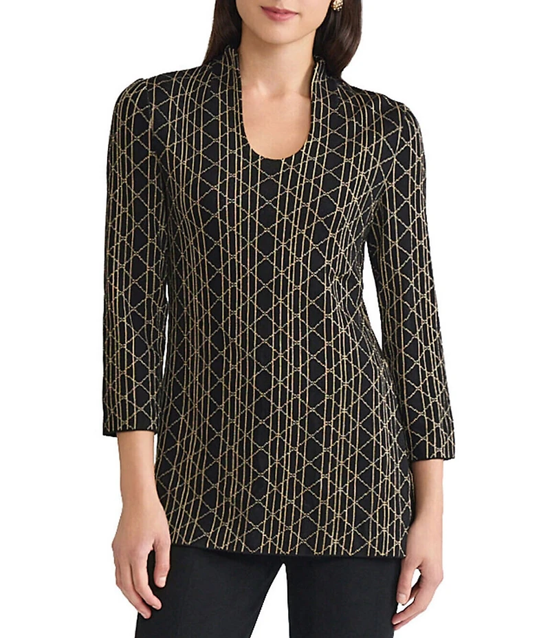 Ming Wang Art Deco Lurex Soft Knit High Collar Scoop Neck Bracelet Sleeve Tunic