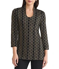 Ming Wang Art Deco Lurex Soft Knit High Collar Scoop Neck Bracelet Sleeve Tunic