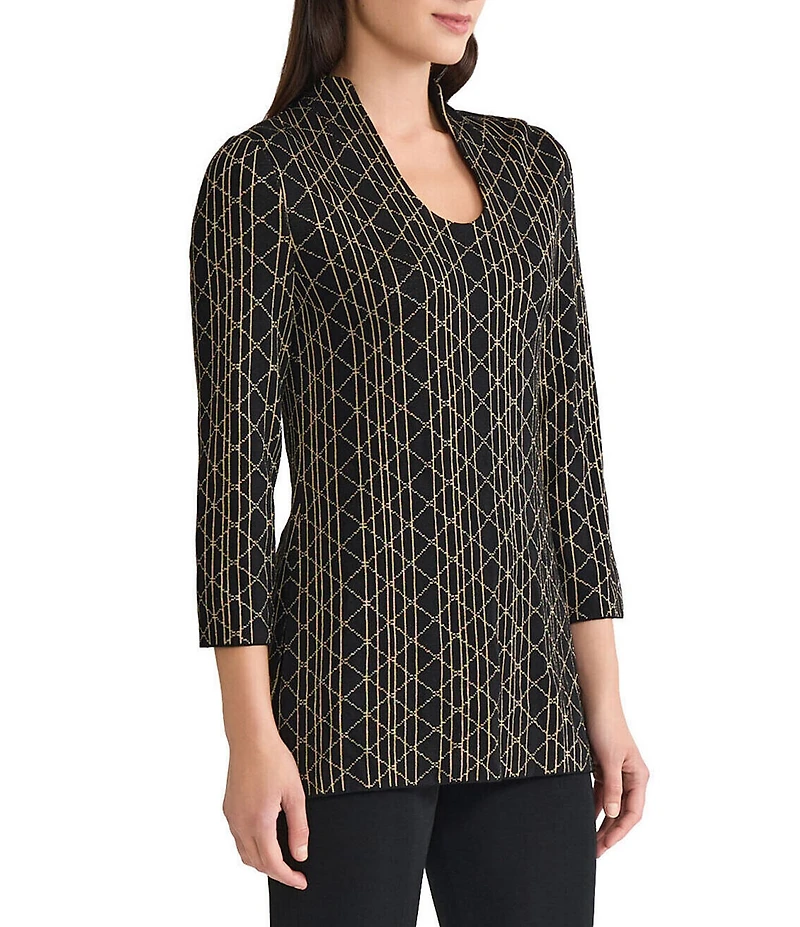 Ming Wang Art Deco Lurex Soft Knit High Collar Scoop Neck Bracelet Sleeve Tunic