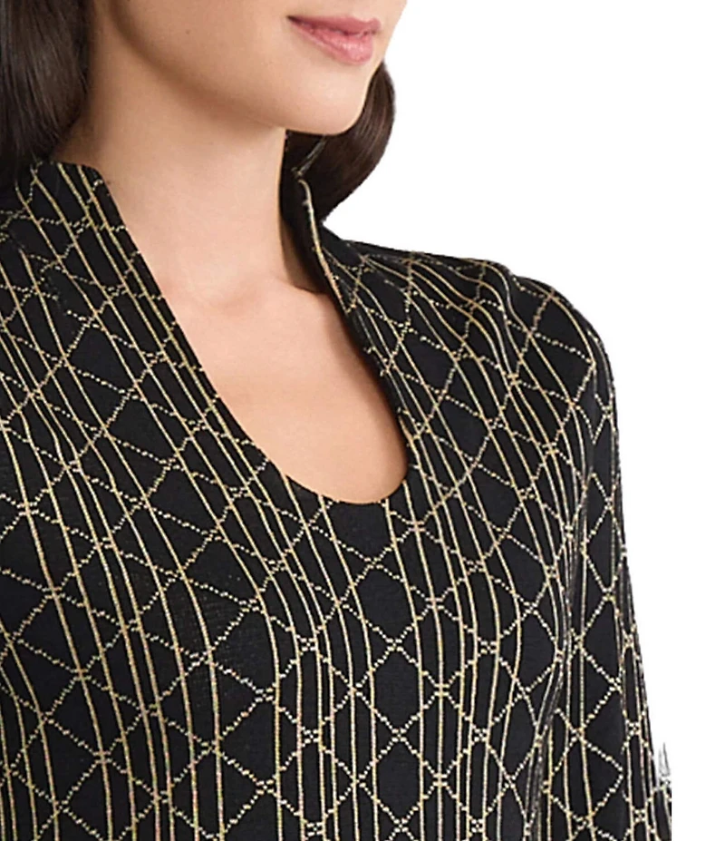 Ming Wang Art Deco Lurex Soft Knit High Collar Scoop Neck Bracelet Sleeve Tunic