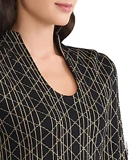 Ming Wang Art Deco Lurex Soft Knit High Collar Scoop Neck Bracelet Sleeve Tunic