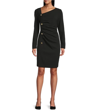 Ming Wang Asymmetrical Neck Long Sleeve Knee Length Dress