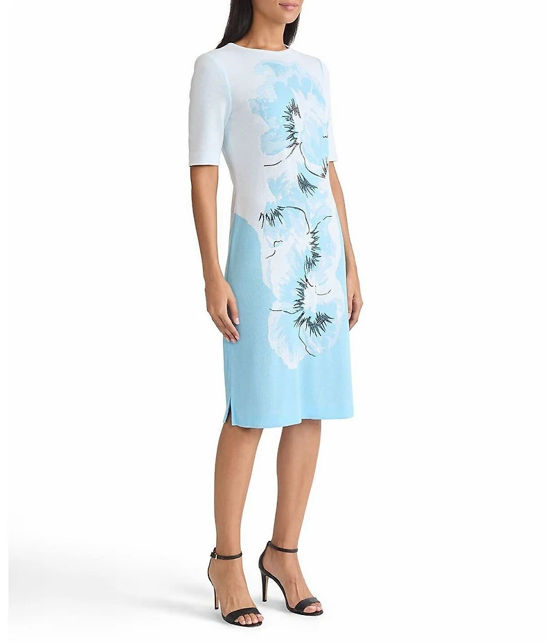 Ming Wang Bold Floral Jacquard Knit Round Neck Short Sleeve Sheath Dress