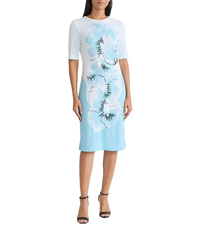 Ming Wang Bold Floral Jacquard Knit Round Neck Short Sleeve Sheath Dress