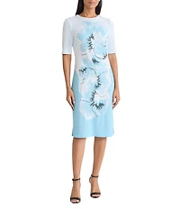 Ming Wang Bold Floral Jacquard Knit Round Neck Short Sleeve Sheath Dress