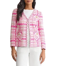 Ming Wang Braided Trim Plaid Knit V-Neck Bracelete Sleeve Jacket