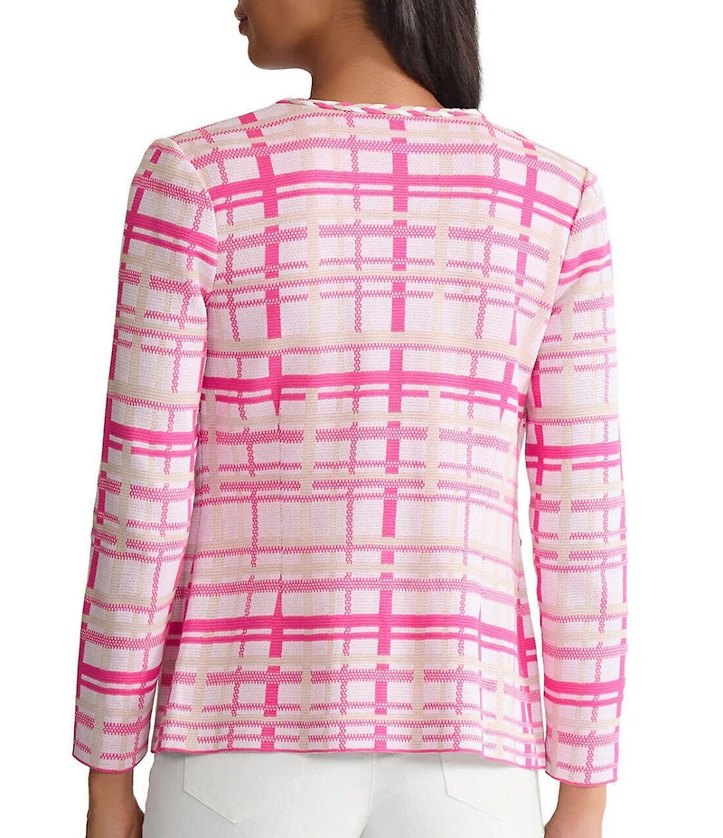 Ming Wang Braided Trim Plaid Knit V-Neck Bracelete Sleeve Jacket