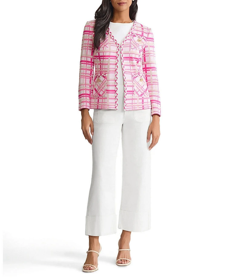Ming Wang Braided Trim Plaid Knit V-Neck Bracelete Sleeve Jacket