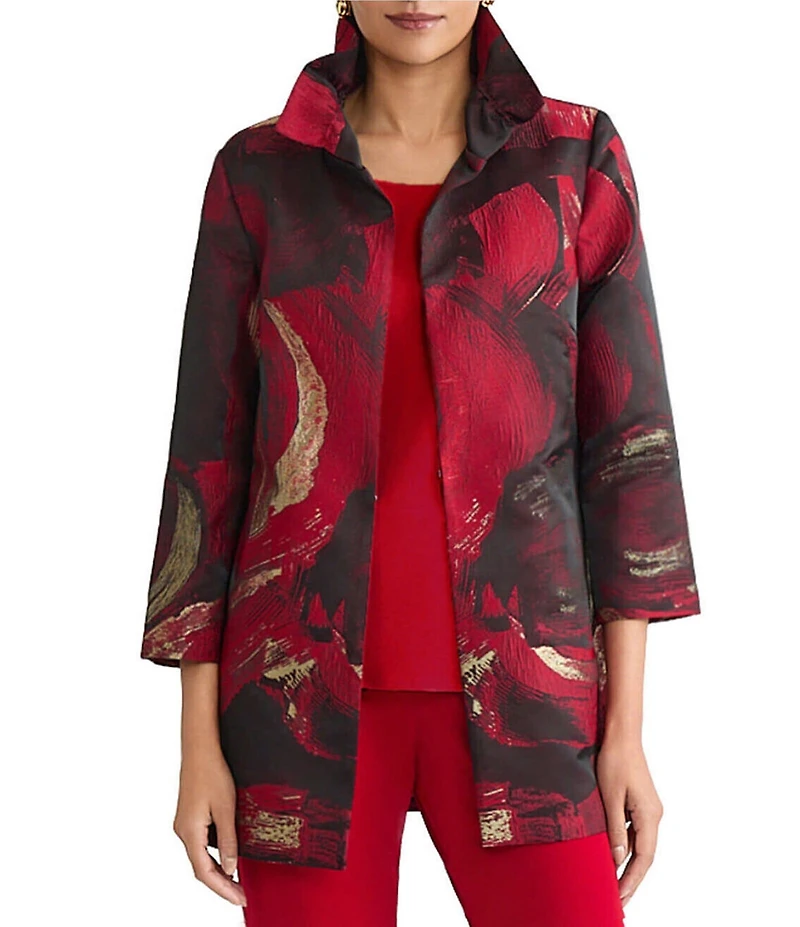 Ming Wang Brushstrok Jacquard Ruffle Collar Bracelet Sleeve Jacket