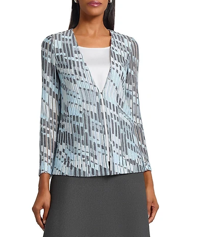 Ming Wang Burnout Jacquard Knit V-Neck Long Sleeve Jacket