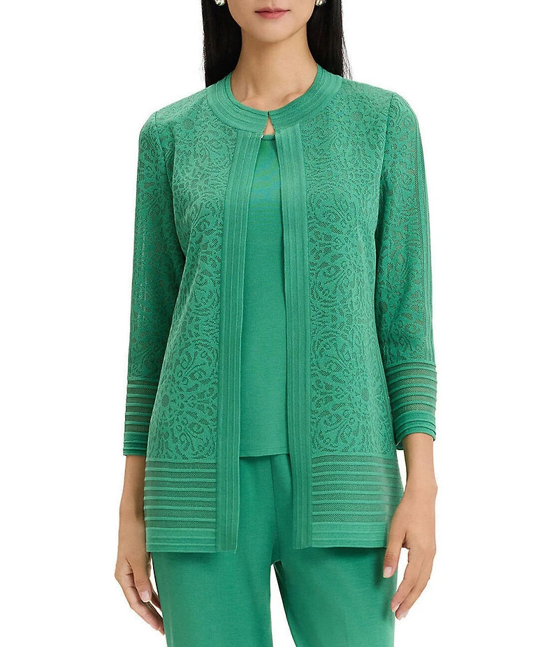 Ming Wang Burnout Medallion Knit Round Neck Bracelet Sleeve Jacket