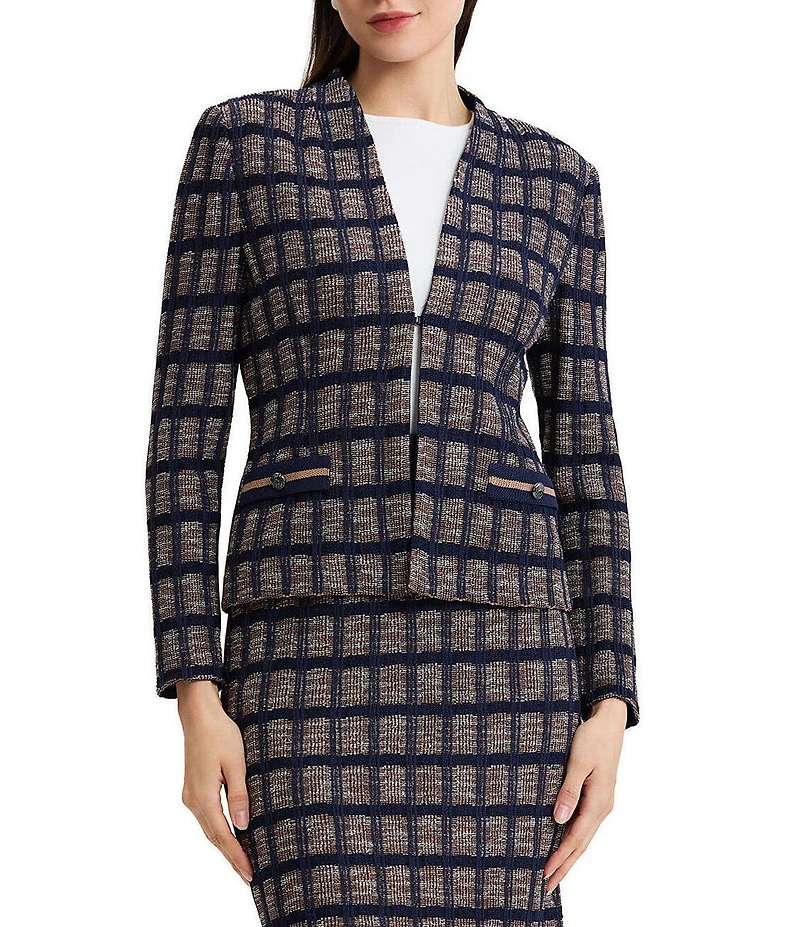 Ming Wang Checkered Print Knit Modified Mandarin Collar Long Sleeve Coordinating Jacket