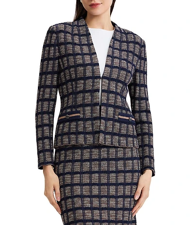 Ming Wang Checkered Print Knit Modified Mandarin Collar Long Sleeve Coordinating Jacket