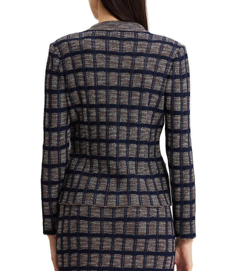 Ming Wang Checkered Print Knit Modified Mandarin Collar Long Sleeve Coordinating Jacket