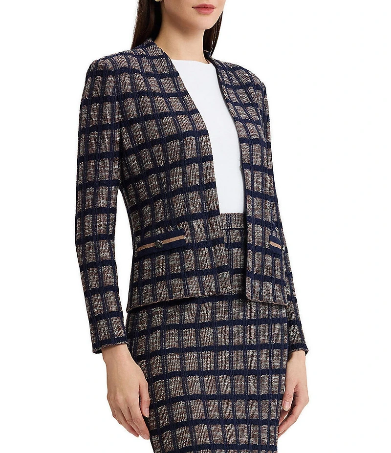 Ming Wang Checkered Print Knit Modified Mandarin Collar Long Sleeve Coordinating Jacket