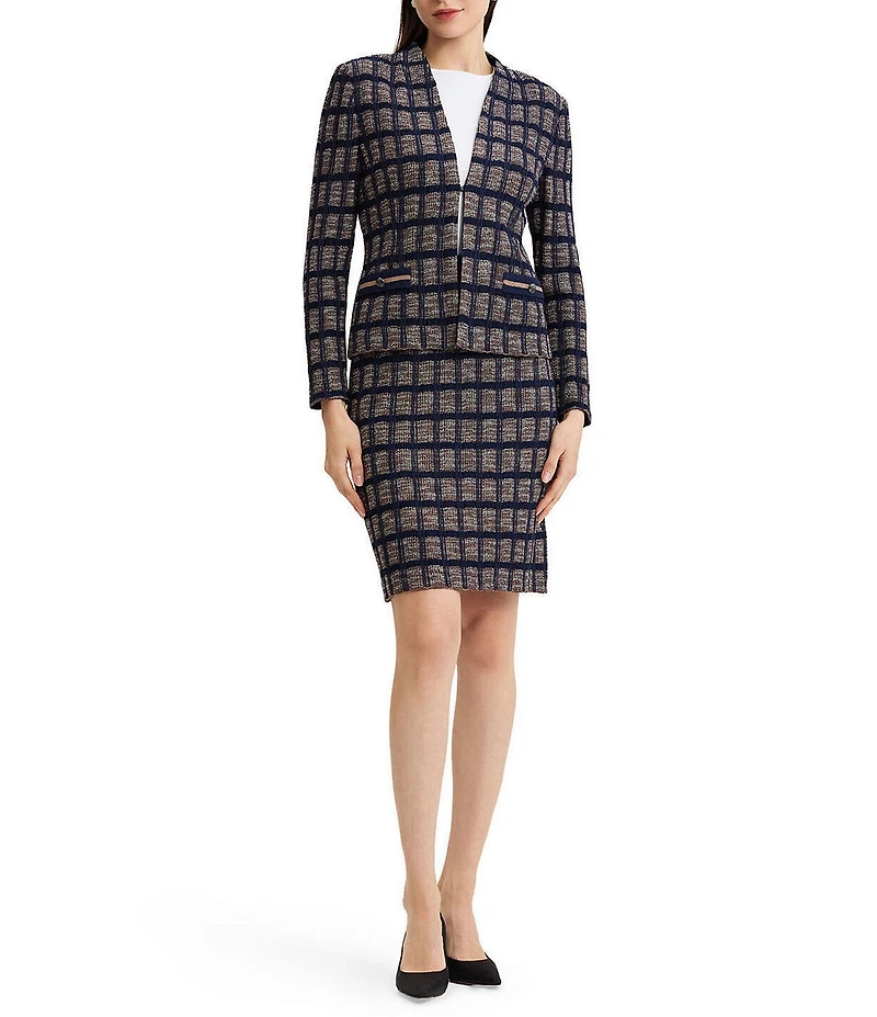Ming Wang Checkered Print Knit Modified Mandarin Collar Long Sleeve Coordinating Jacket