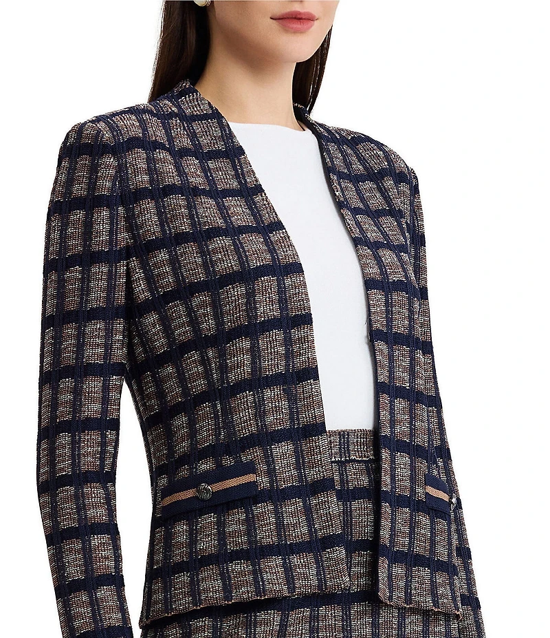 Ming Wang Checkered Print Knit Modified Mandarin Collar Long Sleeve Coordinating Jacket
