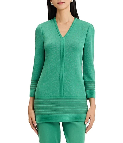 Ming Wang Classic Burnout Medallion Soft Knit V-Neck Bracelet Sleeve Tunic